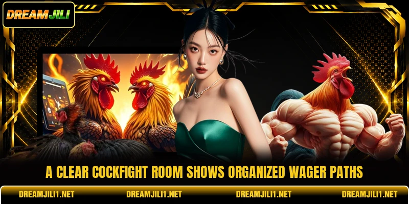 A clear cockfight room shows organized wager paths A clear cockfight room shows organized wager paths